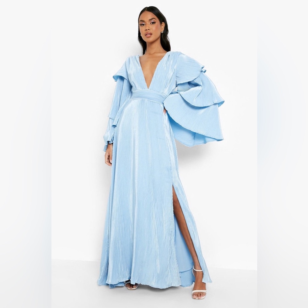 Layered Ruffle Sleeve Maxi Dress | Pastel Blue | Boohoo